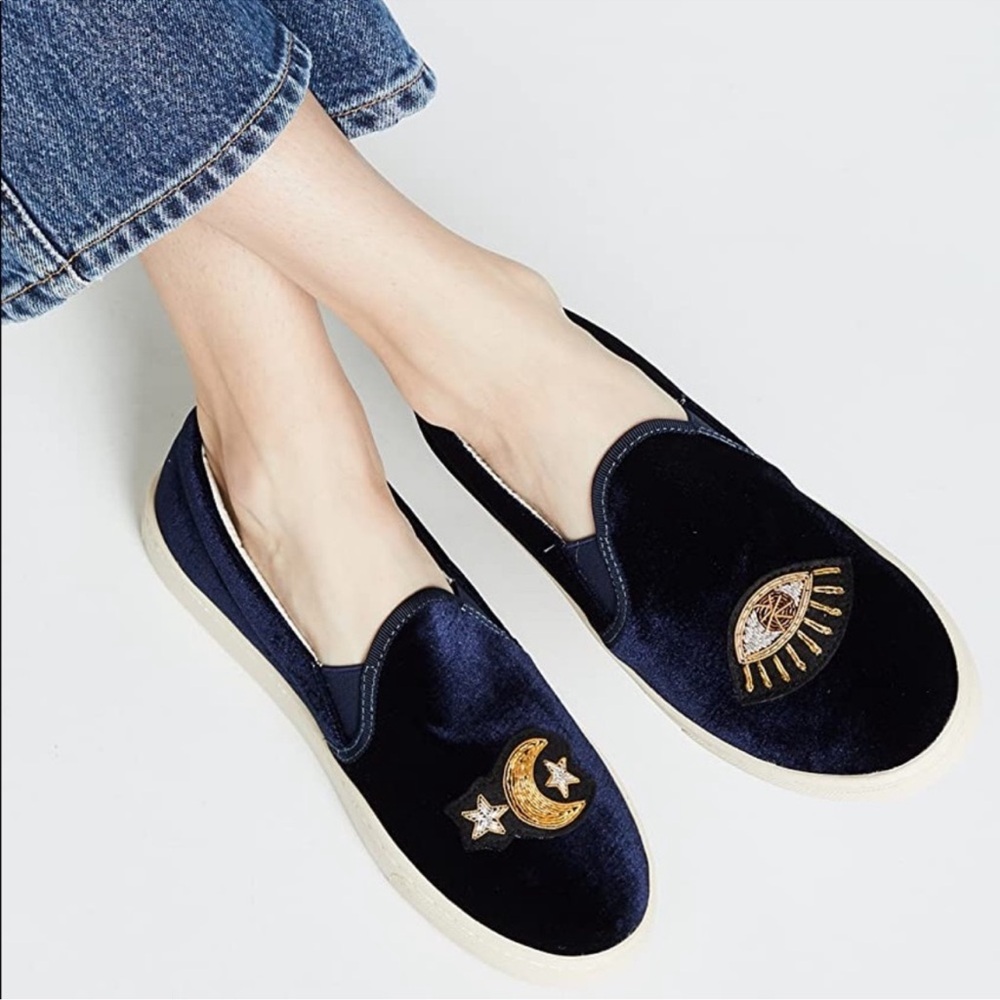 Soludos • Navy Velvet Slip-On Shoes with Celestial Embroidery • Size 7